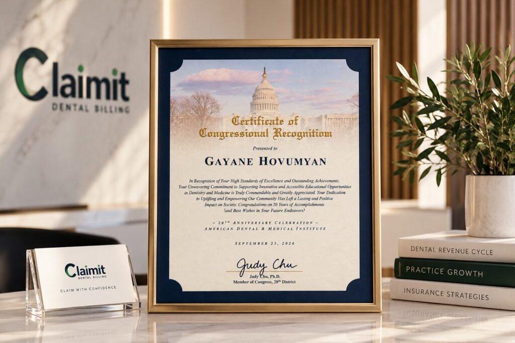 Framed Certificate of Congressional Recognition presented to Gayane Hovumyan, displayed in the ClaimIt Dental Billing office.